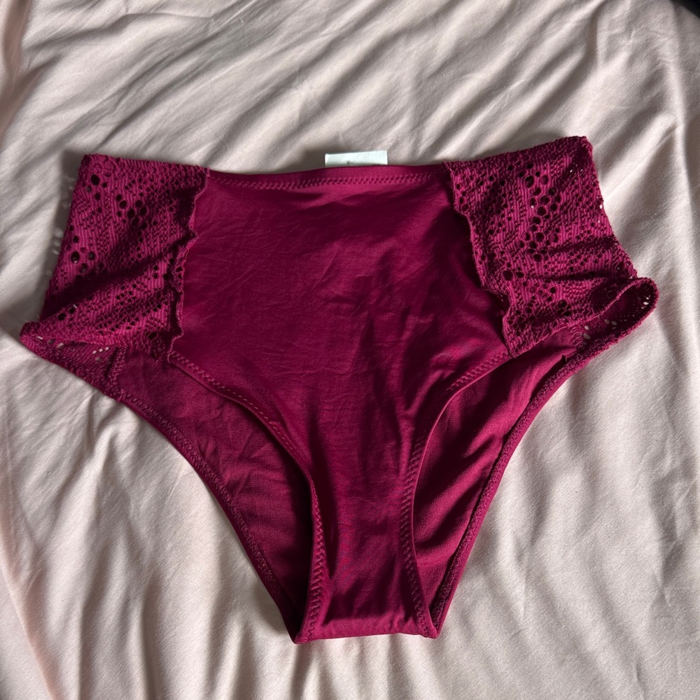 Elegant Lace Trim Burgundy Bathing Suit